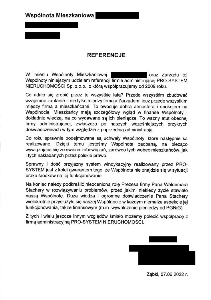 Referencje i opinie od klientów firmy PRO SYSTEM (2)